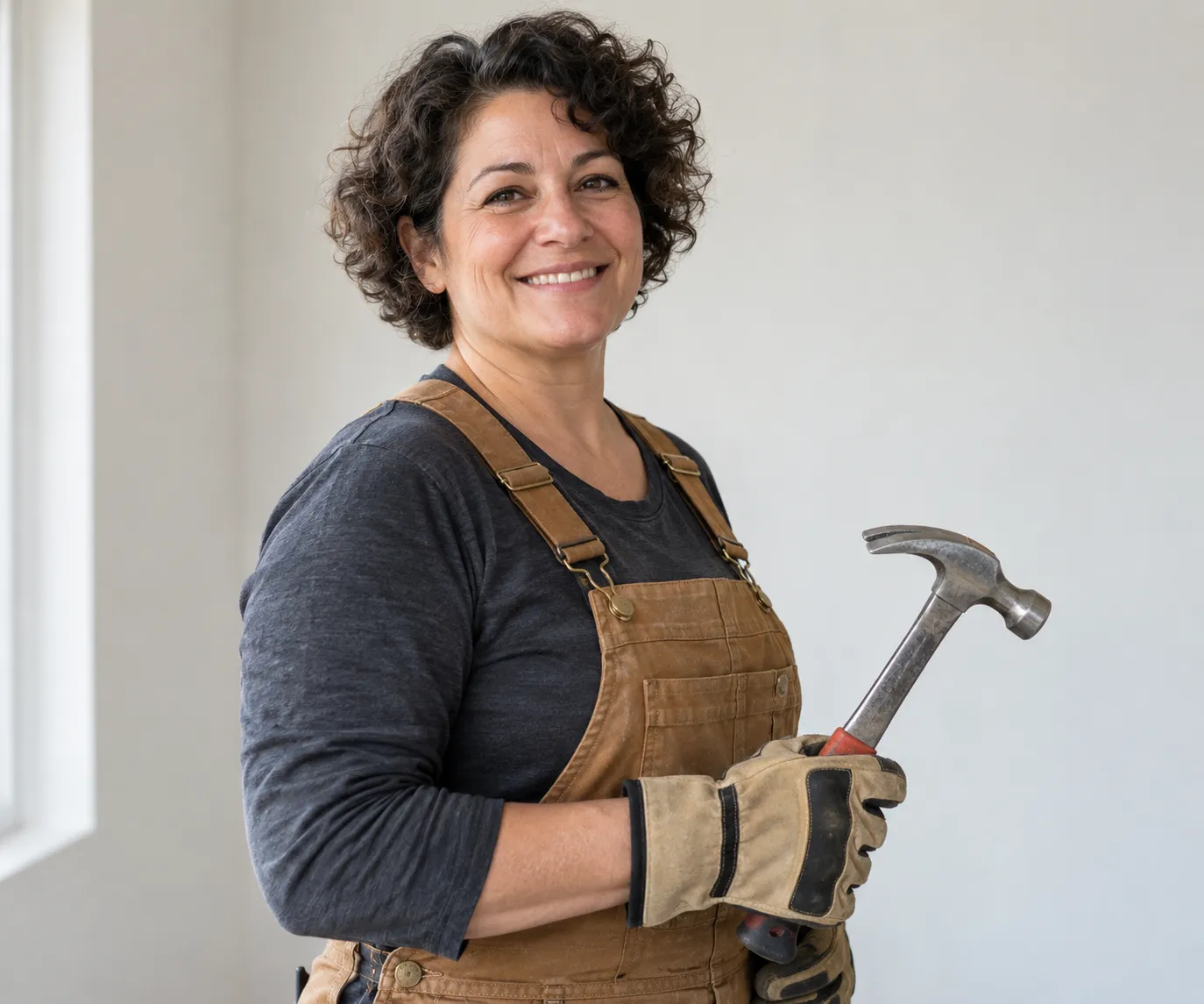 Smiling roofer holding a roofing hammer