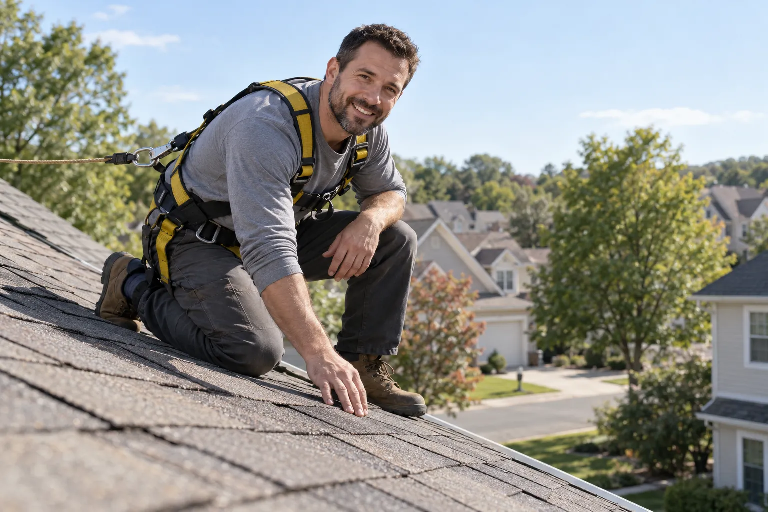 Roofer inspecting shingles on a family home in Oakland