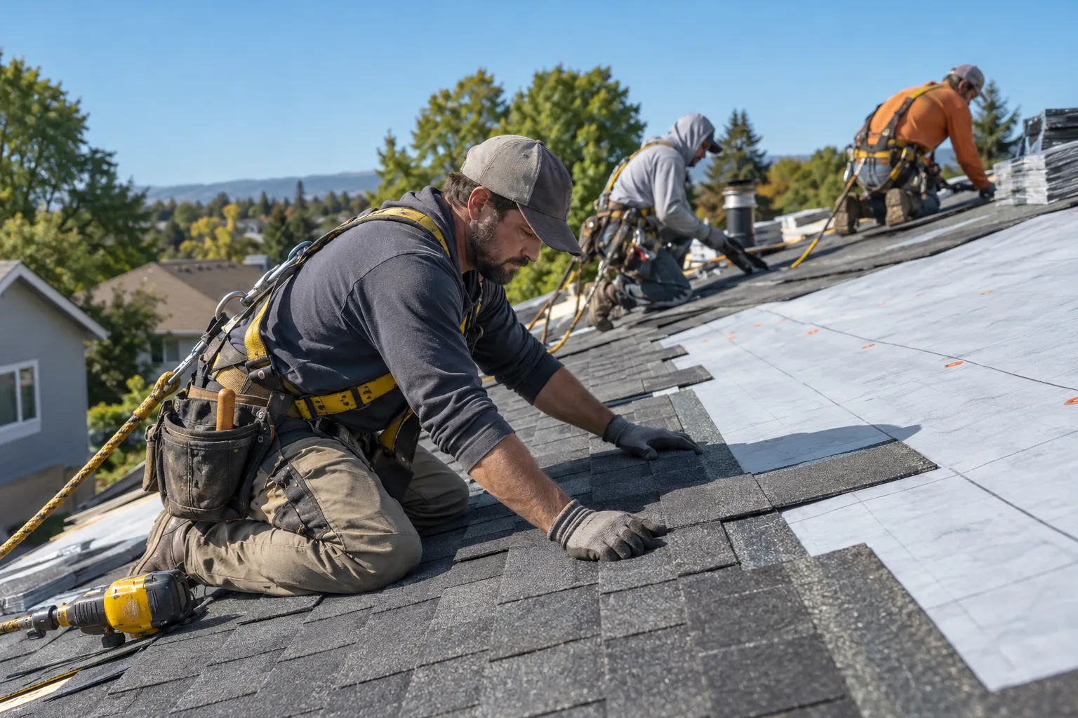 Crew installing a new shingle roof on a home