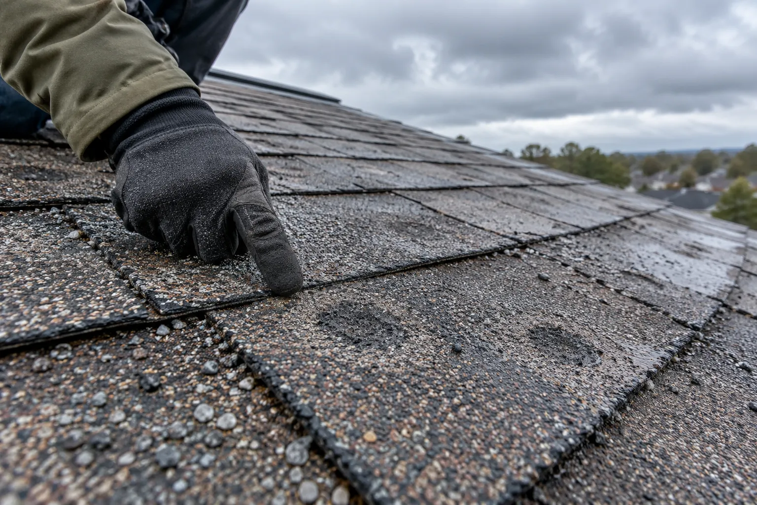 Hail-damaged roof shingles being inspected after a storm